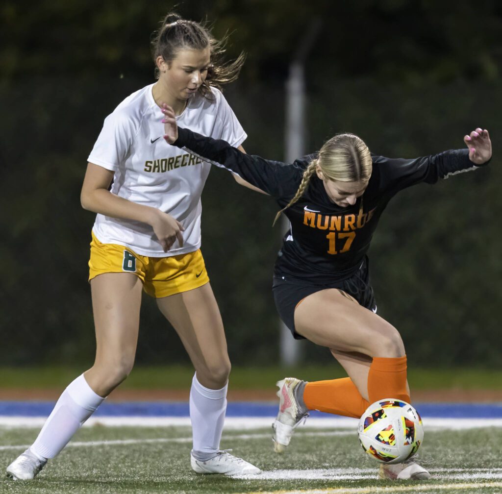 Monroe’s Kinsey Mann tries to maneuver around Shorecrest’s Kai Johnson during the 3A district game on Thursday, Nov. 7, 2024 in Shoreline, Washington. (Olivia Vanni / The Herald)
