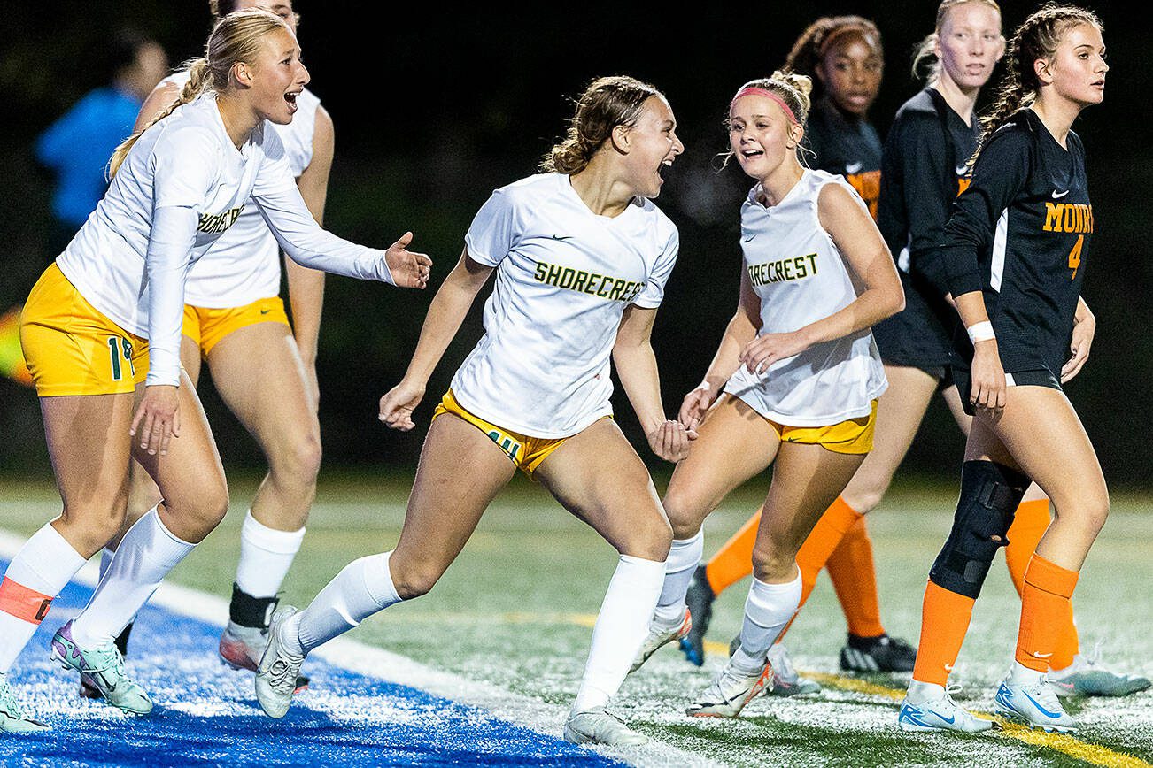 Shorecrest’s Olivia Taylor celebrates after scoring during the 3A district game against Monroe on Thursday, Nov. 7, 2024 in Shoreline, Washington. (Olivia Vanni / The Herald)