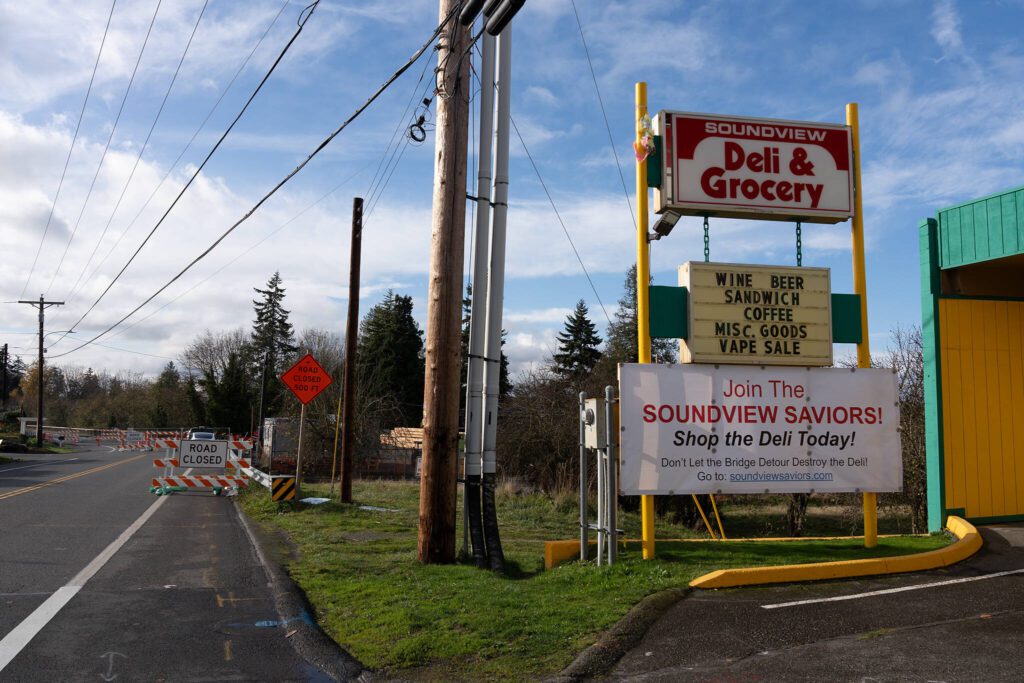 The Soundview Deli on Monday, Nov. 18, 2024, in Everett, Washington. The store is just steps away from the closed Edgewater Bridge. (Will Geschke / The Herald)
