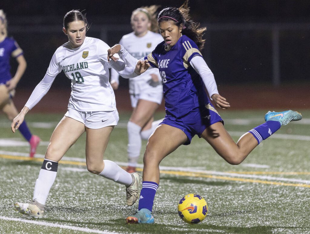 Lake Stevens’ Noelani Tupua takes a shot on goal during the 4A state playoff game against Richland on Wednesday, Nov. 13, 2024 in Lake Stevens, Washington. (Olivia Vanni / The Herald)

