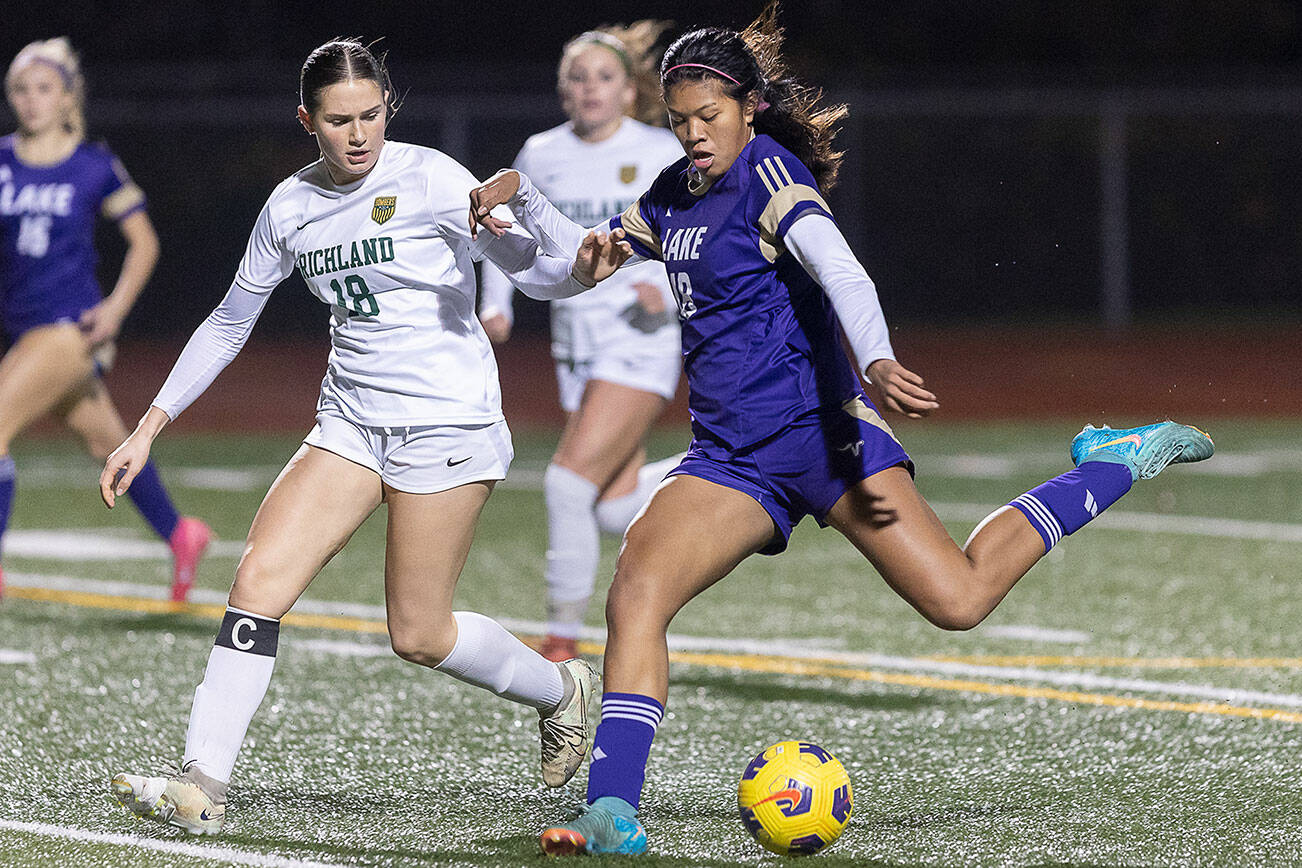 Lake Stevens’ Noelani Tupua takes a shot on goal during the 4A state playoff game against Richland on Wednesday, Nov. 13, 2024 in Lake Stevens, Washington. (Olivia Vanni / The Herald)