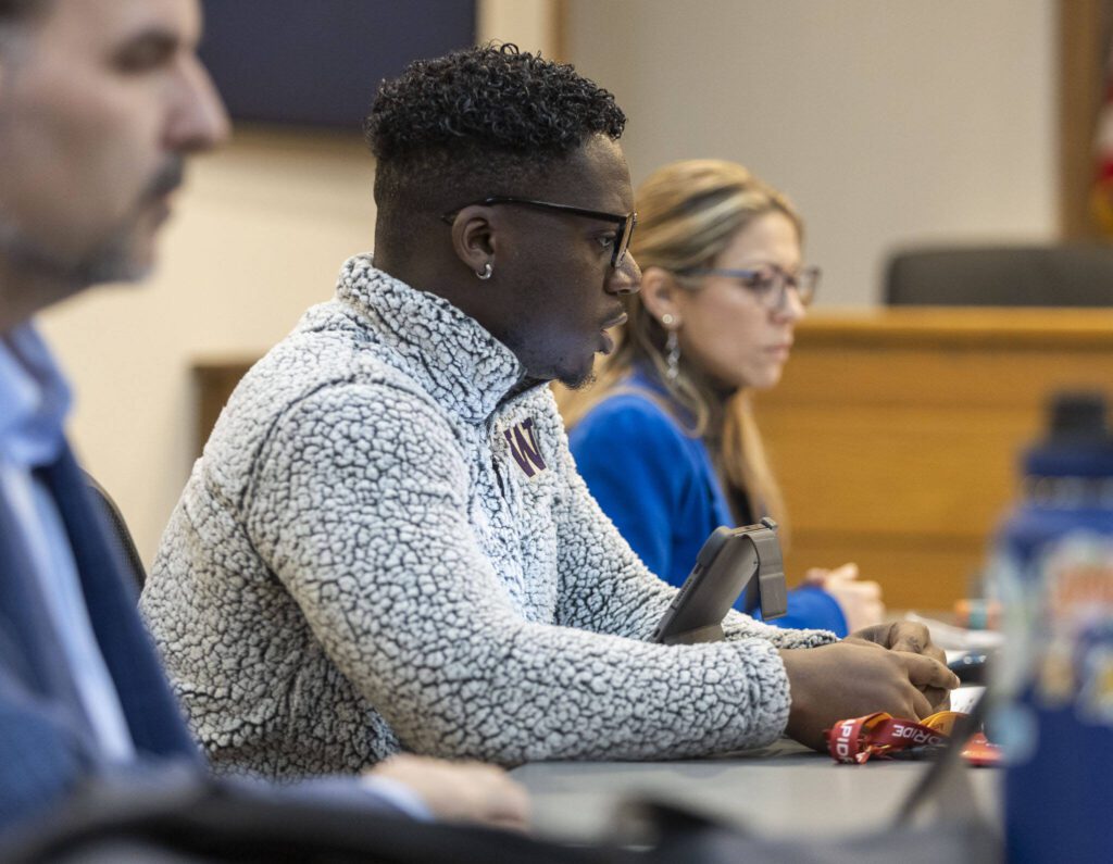Lynnwood council member Josh Binda speaks during a Lynnwood City Council meeting on Wednesday, Nov. 20, 2024. (Olivia Vanni / The Herald)
