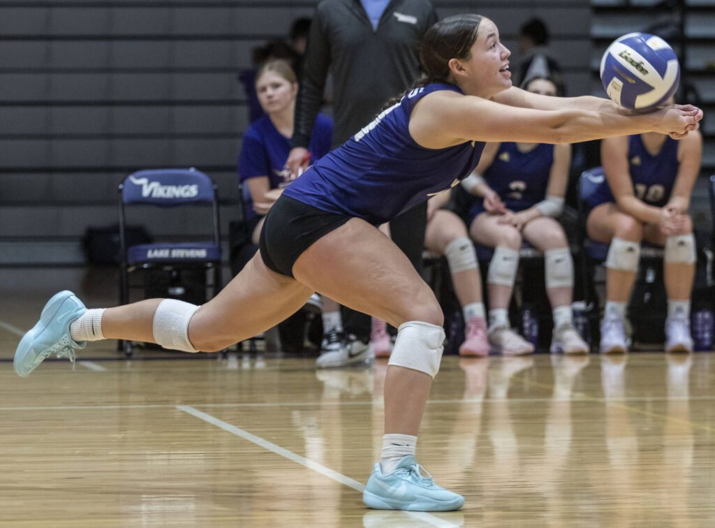 Lake Stevens’ Olivia Gonzales reaches out for the ball during the 4A district semifinal game on Thursday, Nov. 14, 2024 in Lynnwood, Washington. (Olivia Vanni / The Herald)
