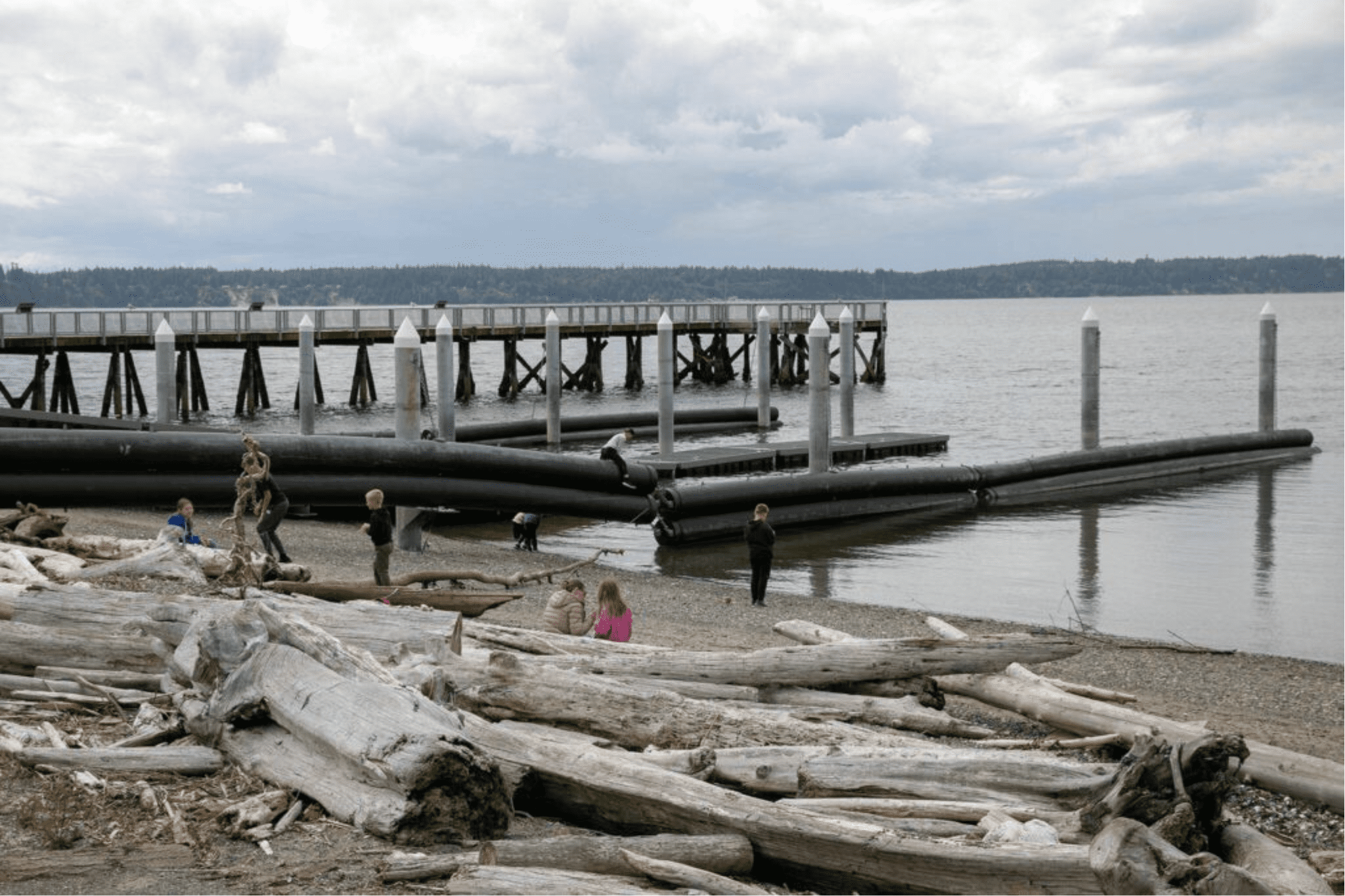 Children fish in the water and climb near the renovated boat launch at Kayak Point Regional County Park on Friday, June 14, 2024, near Stanwood, Washington. (Ryan Berry / The Herald)