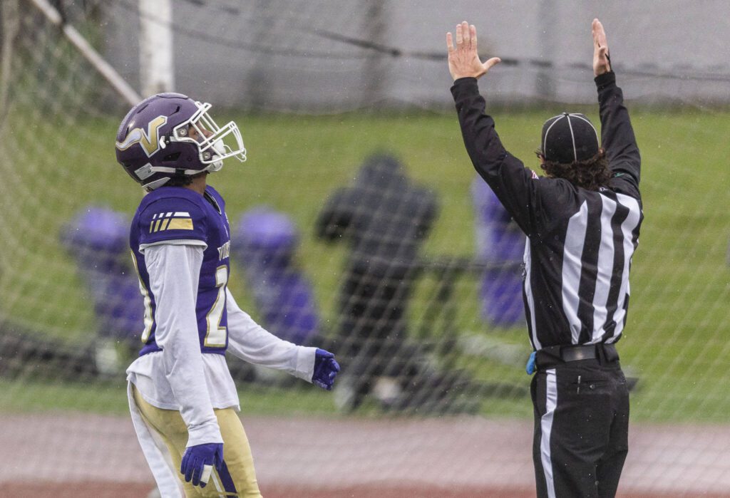 Lake Stevens’ Brian Tilghman reacts to mead scoring a touchdown during the 4A state playoff game against Mead on Saturday, Nov. 16, 2024 in Lake Stevens, Washington. (Olivia Vanni / The Herald)
