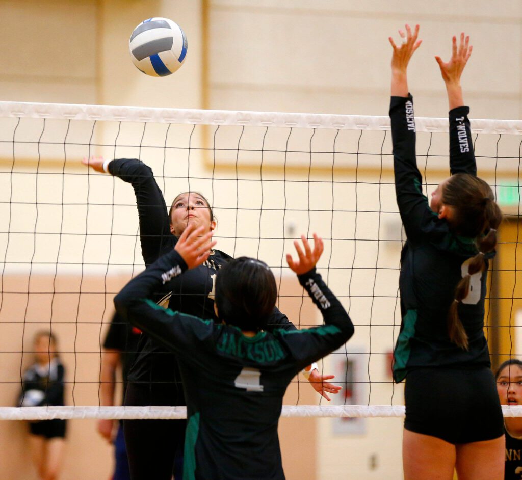 Lynnwood junior Harmony Johnson goes for the kill against Jackson during a volleyball match Thursday, Sept. 14, 2023, at Lynnwood High School in Bothell, Washington. (Ryan Berry / The Herald)
