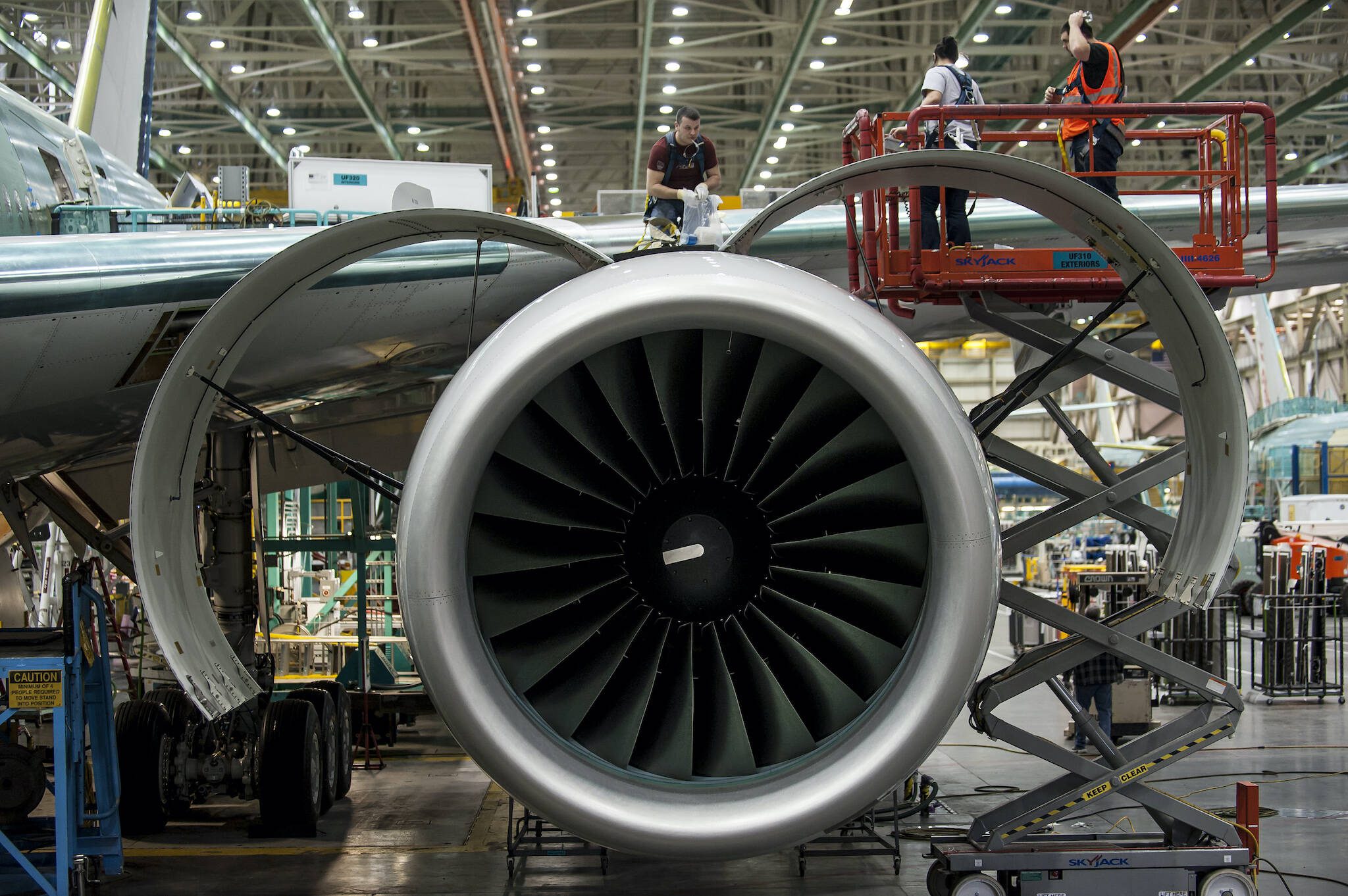 An engine on a Boeing 767 jet aircraft at a Boeing facility in Everett in 2012. (Stuart Isett / The New York Times)