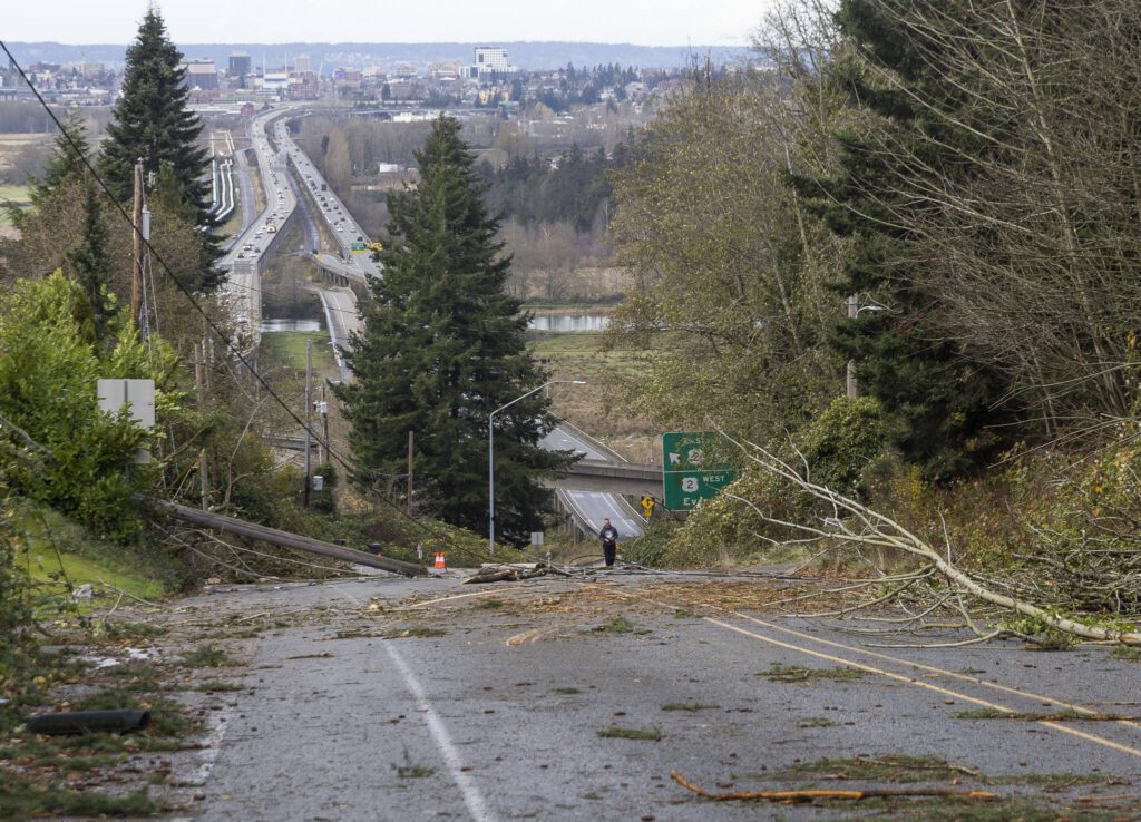 A person walks up 20th Street SE to look at the damage that closed the road on Wednesday in Lake Stevens, Washington. (Olivia Vanni / The Herald)
