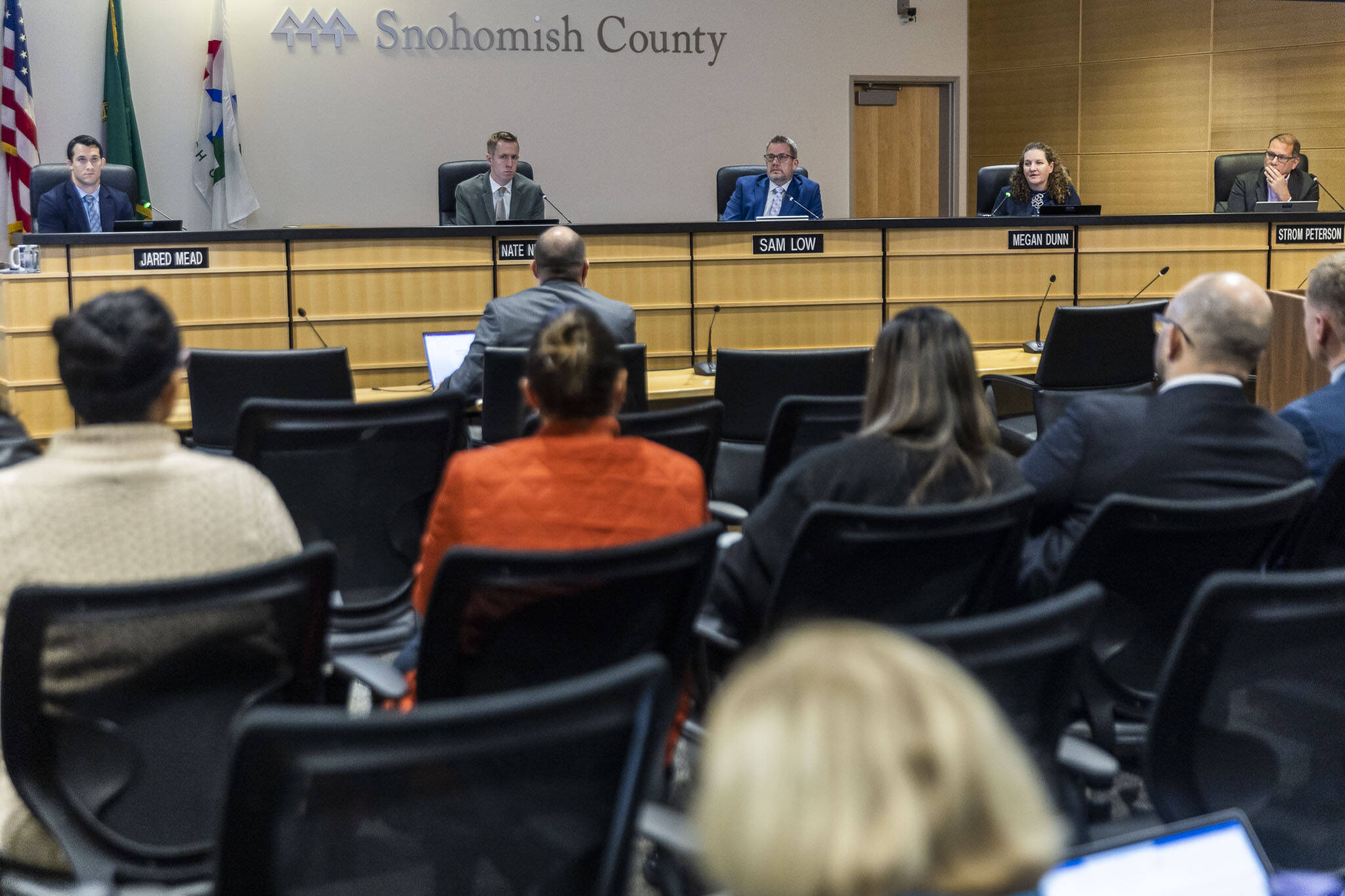 The Snohomish County Council listens to George Skiles talk about his findings in an audit of the Snohomish County Executive Office on Wednesday, Nov. 13, 2024, in Everett, Washington. (Olivia Vanni / The Herald)