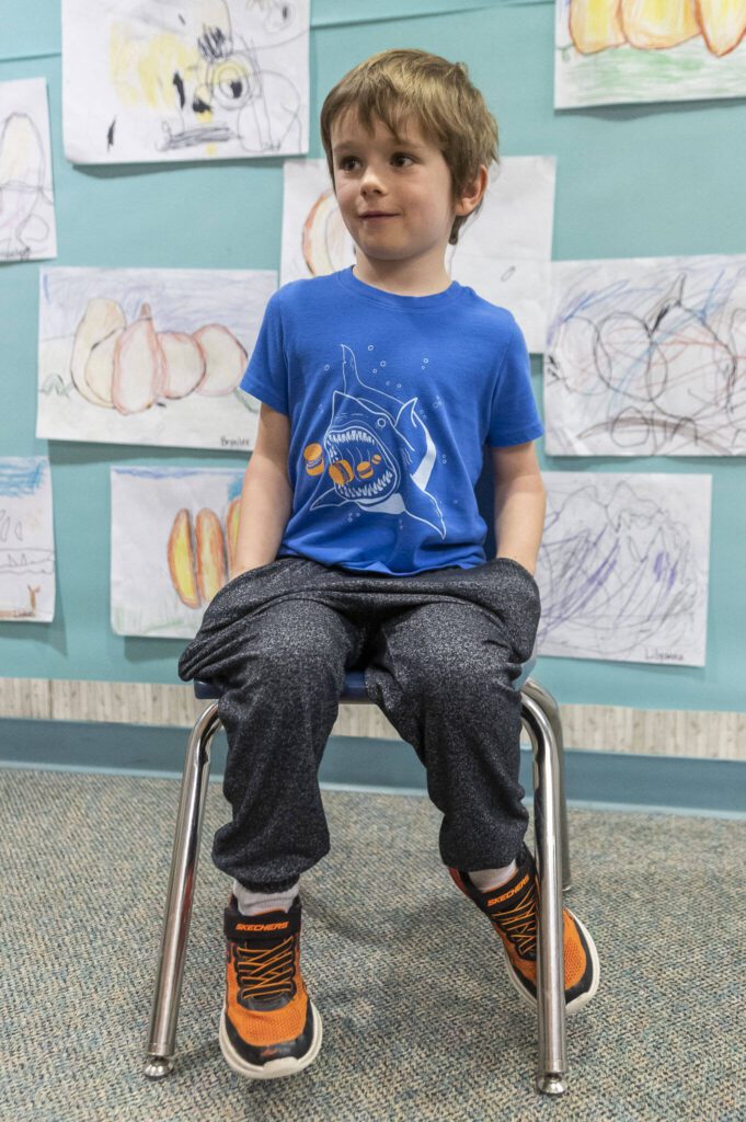 Highland Elementary kindergartener Dylan Volz, 5, is asked if he knows what a pilgrim is on Tuesday, Nov. 26, 2024 in Lake Stevens, Washington. (Olivia Vanni / The Herald)
