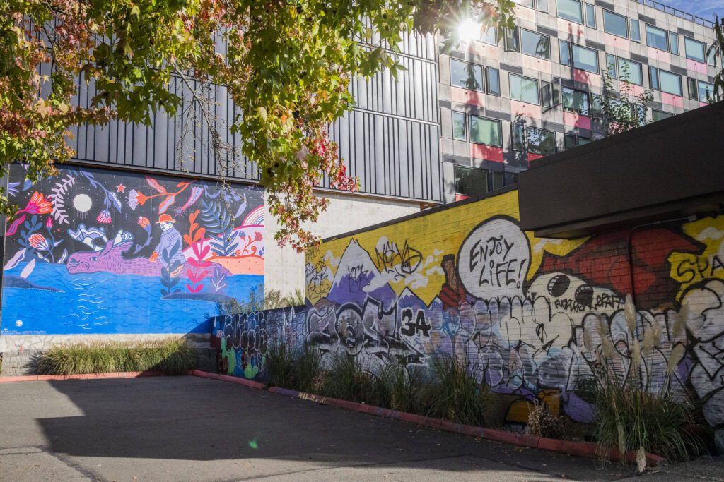 Murals and graffiti art cover the building outside of Roosevelt Station on Oct. 14, 2024 in Seattle, Washington. (Olivia Vanni / The Herald)
