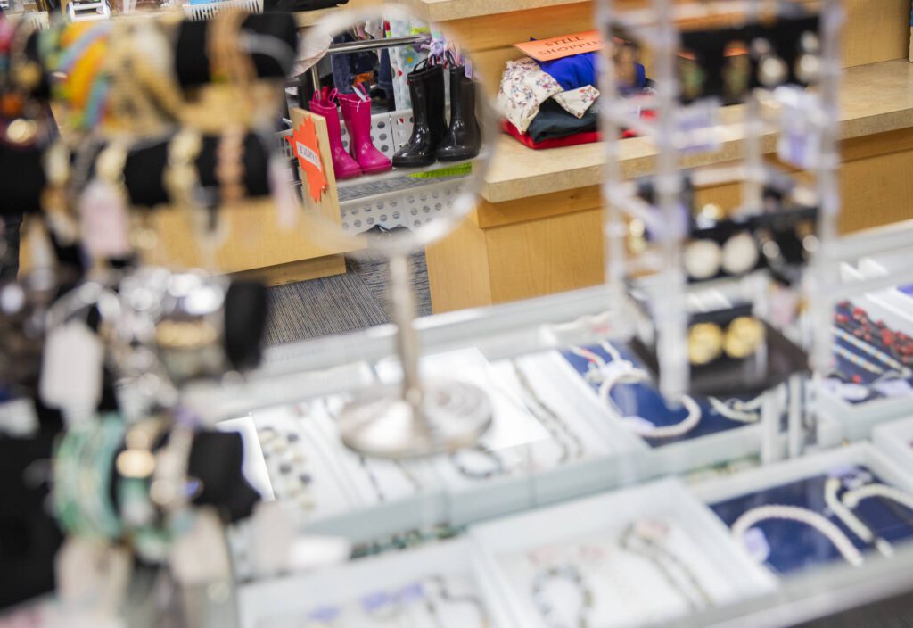 Jewelry and shoes for sale at the Assistance League of Everett’s Thrift Store on Monday, Dec. 2, 2024 in Everett, Washington. (Olivia Vanni / The Herald)
