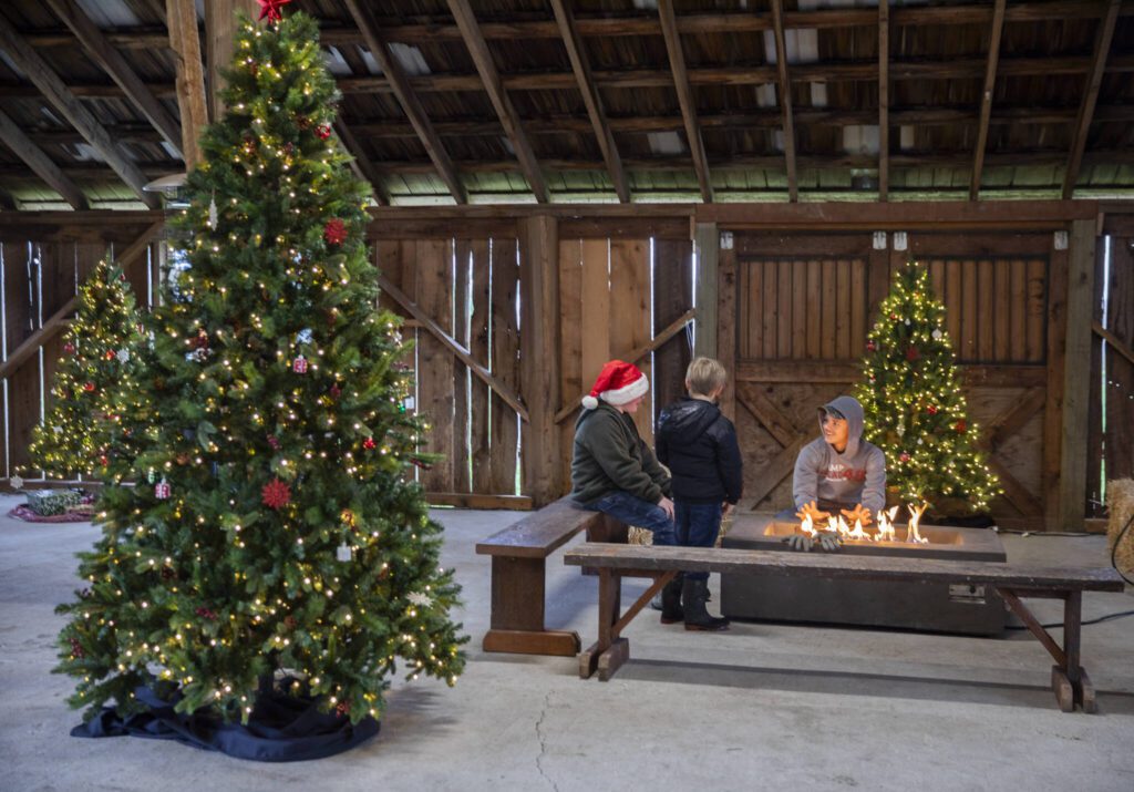People sit around the fire and warm their hands at Luckie Farms on Tuesday, Dec. 17, 2024 in Lake Stevens, Washington. (Olivia Vanni / The Herald)
