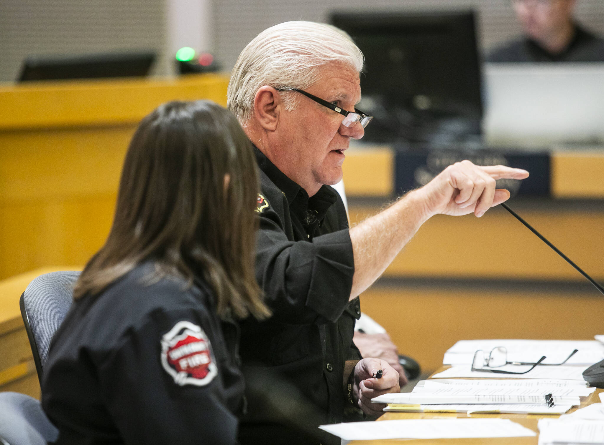 South County Fire Chief Bob Eastman answers question from the Edmonds City Council on Tuesday, Dec. 3, 2024 in Edmonds, Washington. (Olivia Vanni / The Herald)