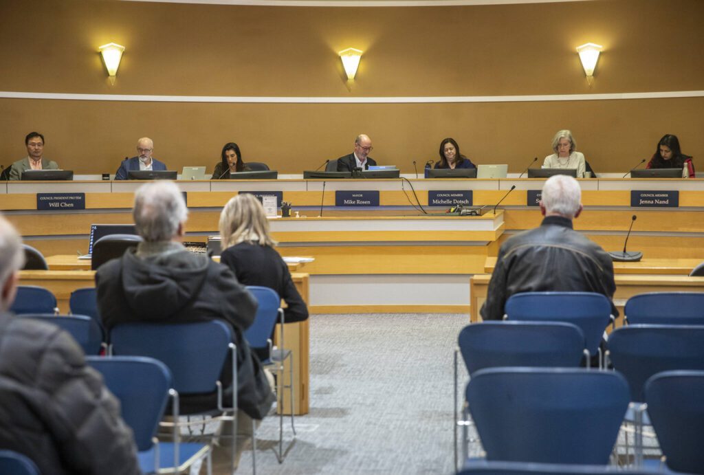 The Edmonds City Council gathers to discuss annexing into South County Fire on Tuesday, Dec. 3, 2024 in Edmonds, Washington. (Olivia Vanni / The Herald)
