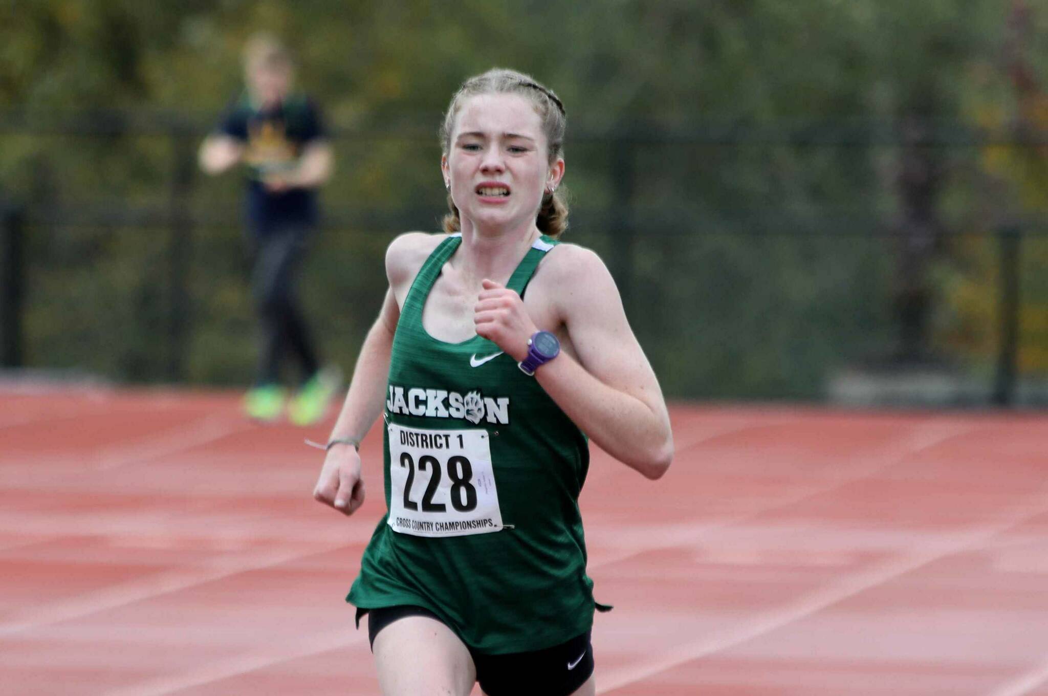 Jackson senior Selena Bangerter approaches the finish line during the District 1/2 Cross Country Championships at Lakewood High School in Arlington, Wash., on Nov. 2, 2024. Bangerter finished fourth in the 4A girls race. (Taras McCurdie / The Herald)