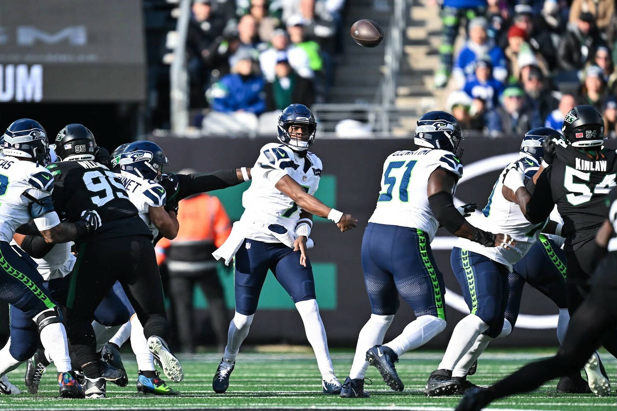 Seahawks quarterback Geno Smith (7) throws a pass against the New York Jets at Metlife Stadium on Dec. 1, 2024. (Photo courtesy of the Seattle Seahawks)