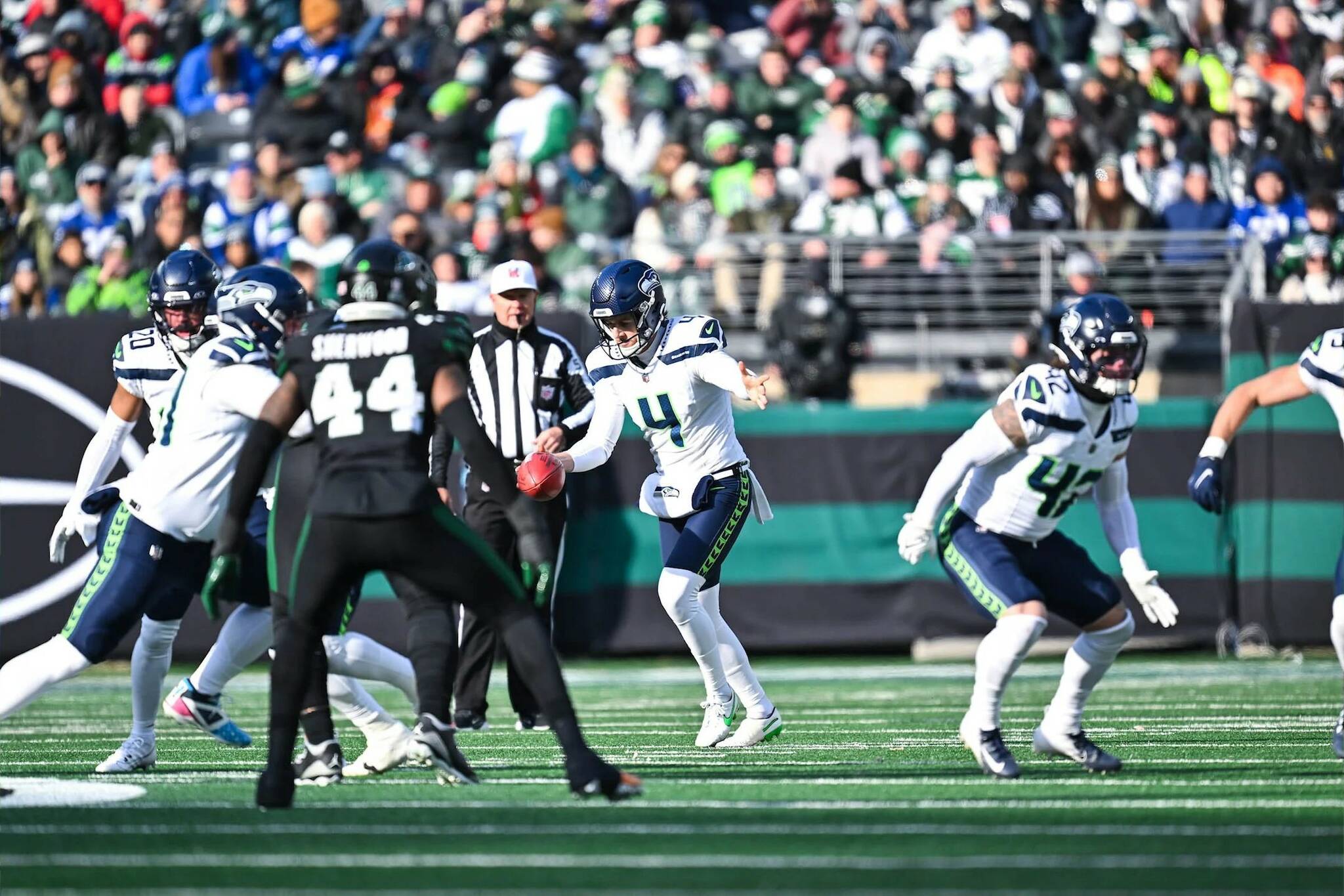 Seattle’s Michael Dickson punts during a the Seahawks’ 26-21 win over the New York Jets at MetLife Stadium on Dec. 1, 2024. (Photo courtesy of the Seattle Seahawks)