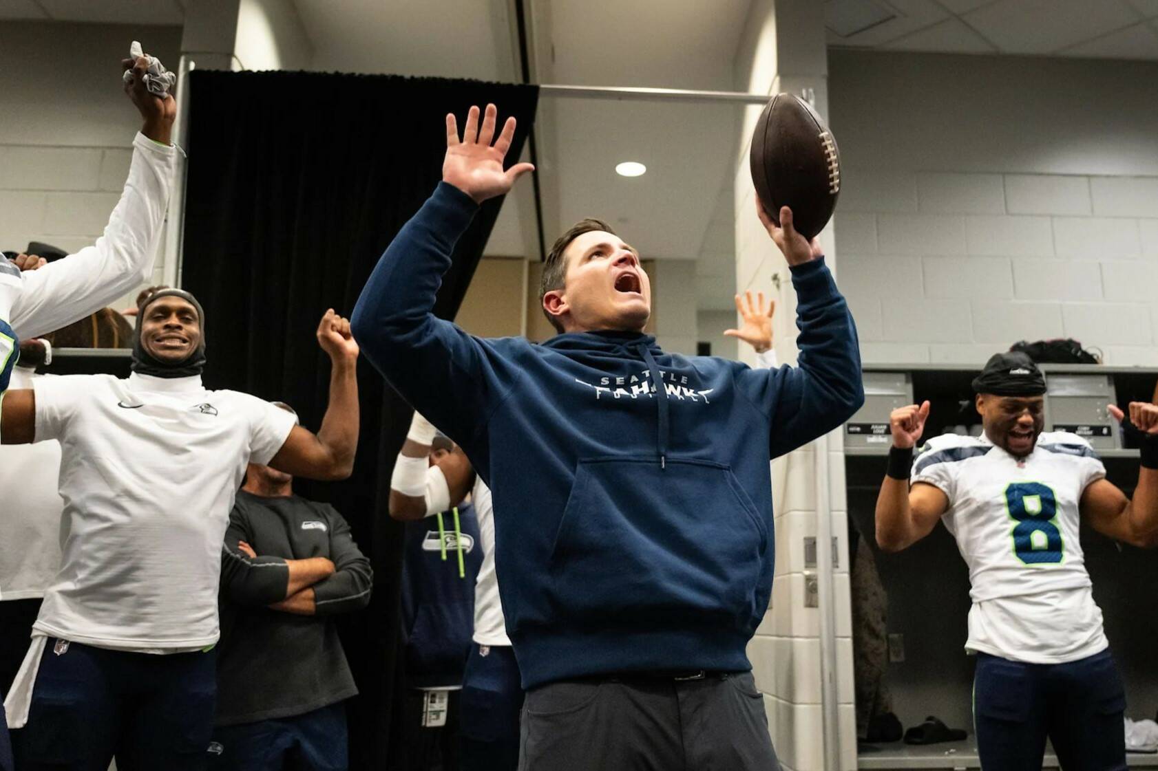 Seahawks coach Mike Macdonald celebrates after Seattle's 26-21 win over the New York Jets at MetLife Stadium on Dec. 1, 2024. (Photo courtesy of Rod Mar / Seattle Seahawks)