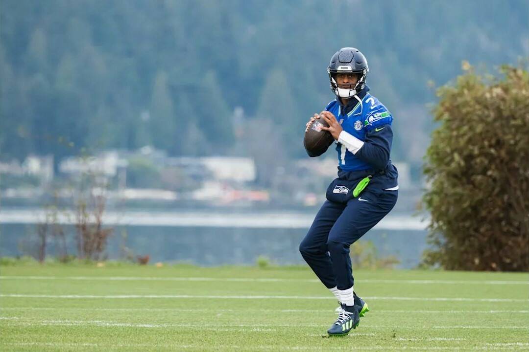 Photo courtesy of Edwin Hooper / Seattle Seahawks
Seahawks quarterback Geno Smith prepares to throw a pass during practice at the Virginia Mason Athletic Center in Renton on Thursday.