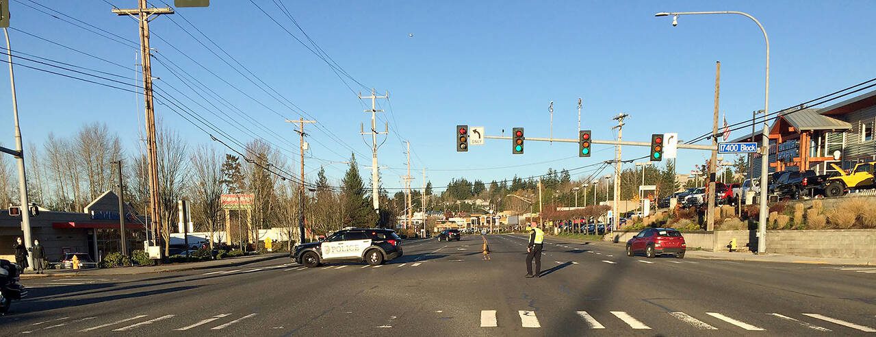 A woman was struck by a car while crossing Highway 99 on Dec. 2, 2020. (Photo provided by the Lynnwood Police Department)