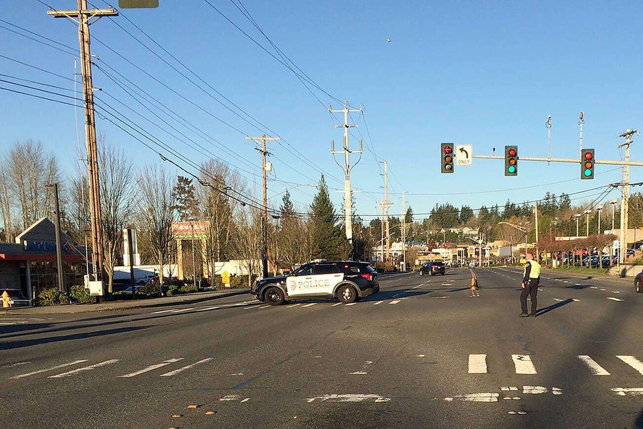 A woman was struck by a car while crossing HIghway 99 on Dec. 2, 2020. (Lynnwood Police Department)