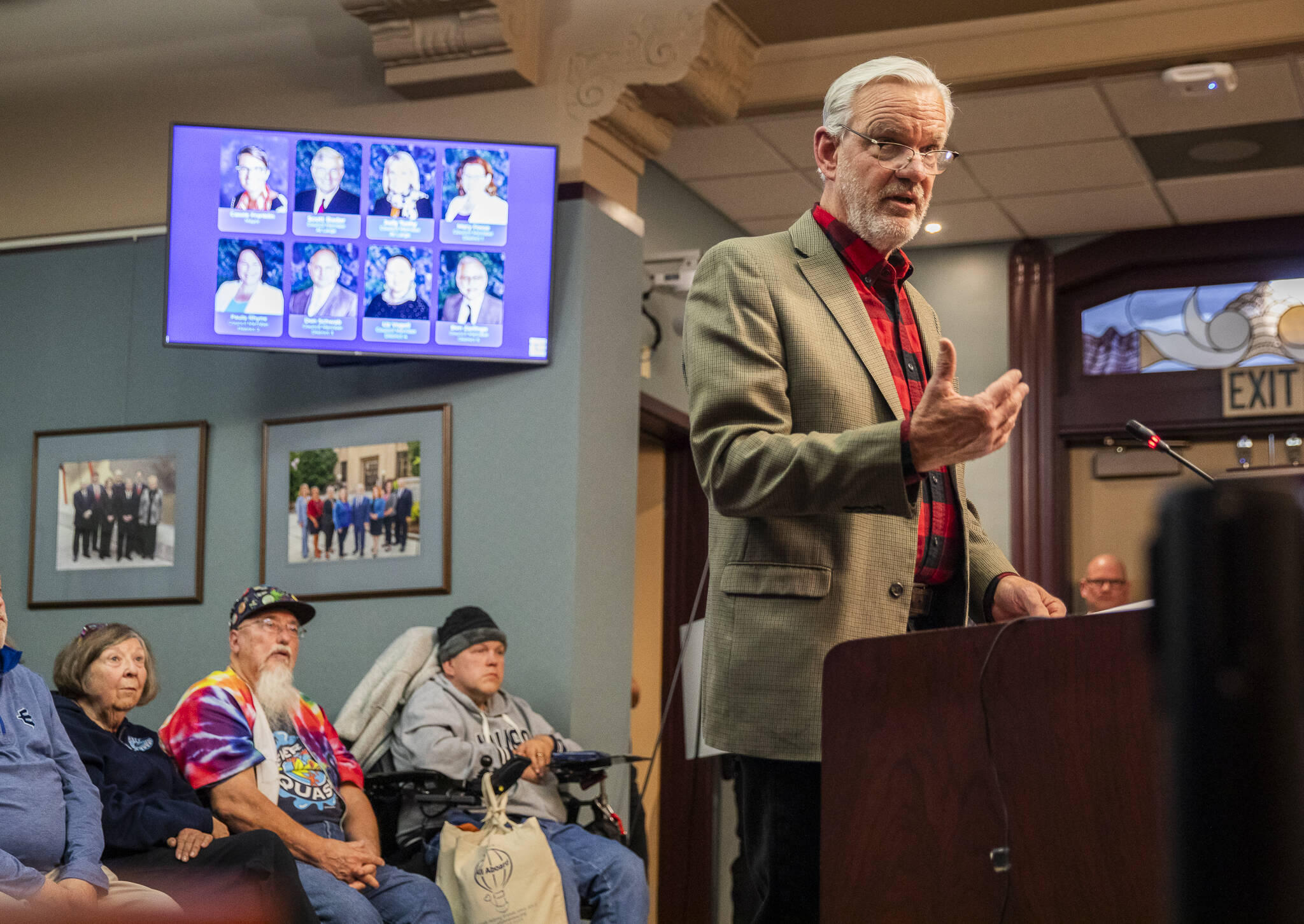 Fred Safstrom, chairperson of the Fiscal Advisory Committee, voices his support for the new AquaSox stadium during public comment at the Everett City Council meeting on Wednesday, Dec. 18, 2024, in Everett, Washington. (Olivia Vanni / The Herald)