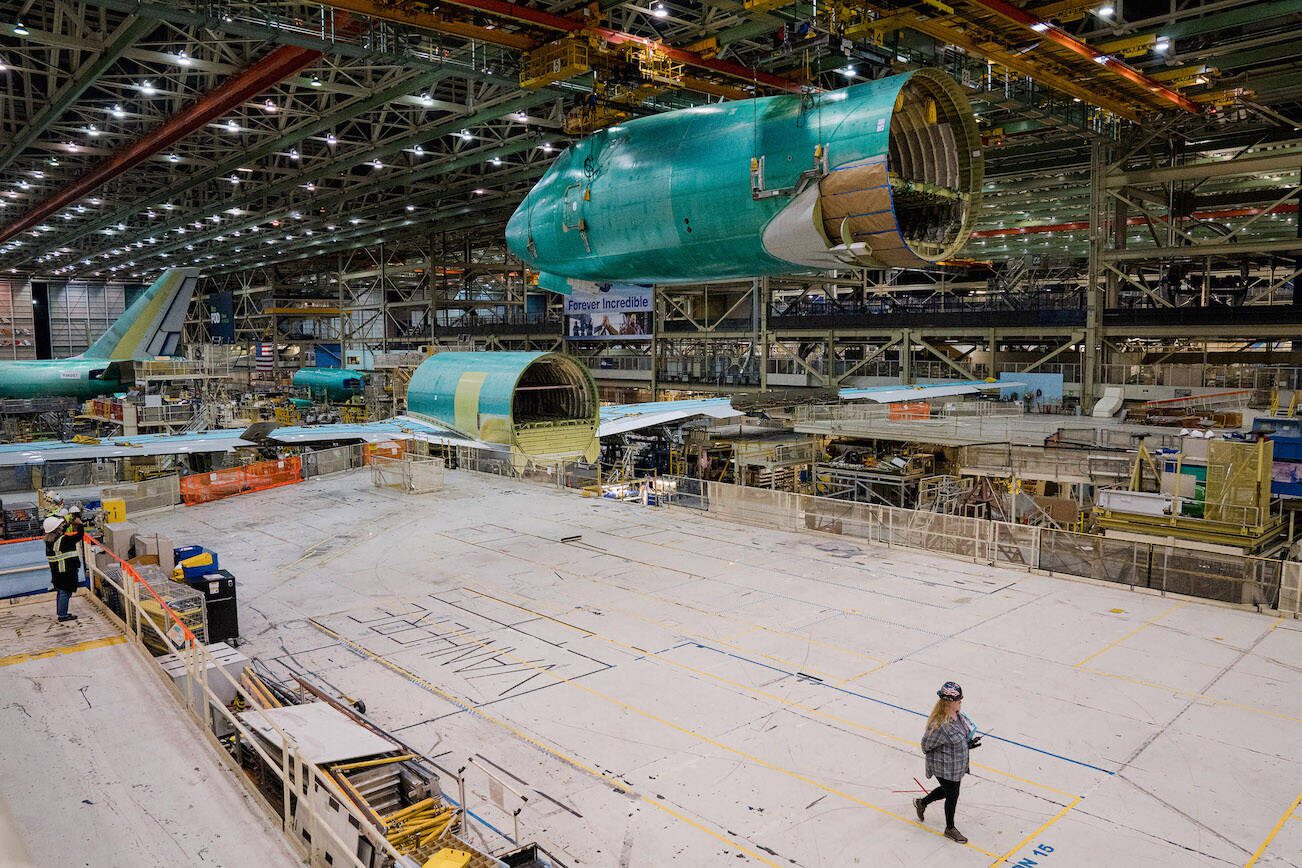 FILE — Jet fuselages at Boeing’s fabrication site in Everett, Wash., Sept. 28, 2022. Some recently manufactured Boeing and Airbus jets have components made from titanium that was sold using fake documentation verifying the material’s authenticity, according to a supplier for the plane makers. (Jovelle Tamayo/The New York Times)