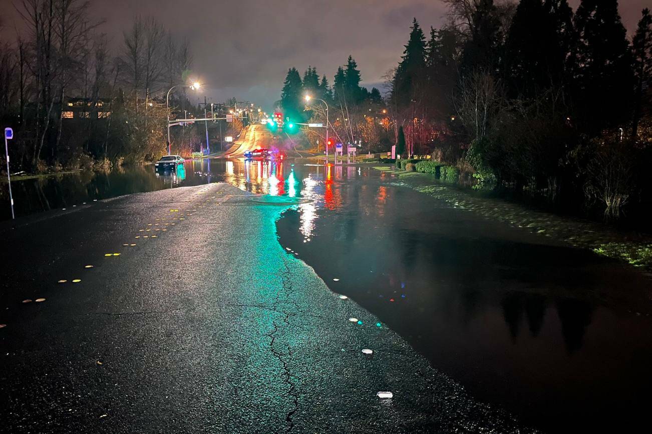In Lynnwood, 44th Avenue W was closed Wednesday morning due to flooding. (Photo provided by the Lynnwood Police Department)