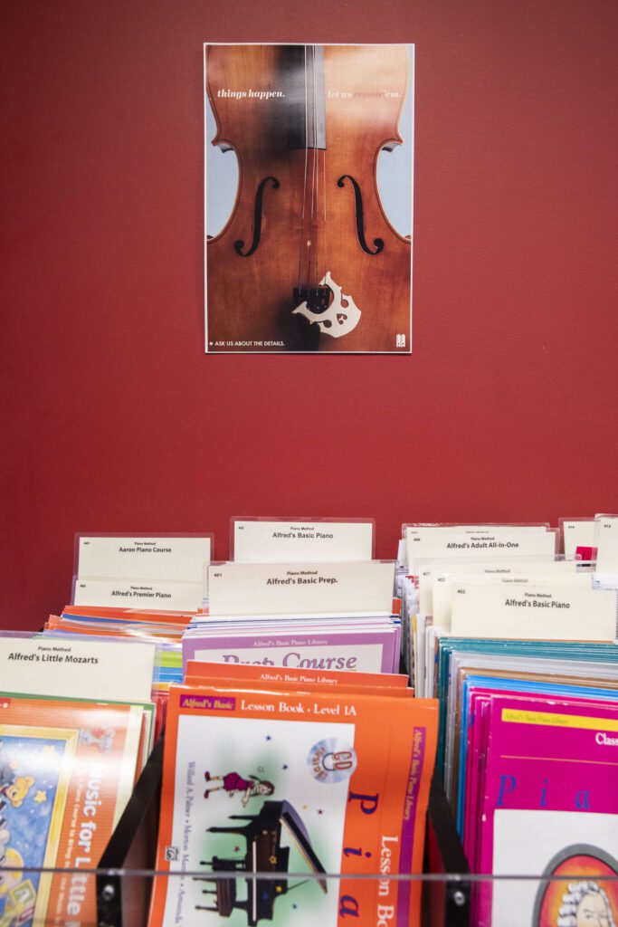 Hundreds of music books for sale at Kennelly Keys on Oct. 17, 2024 in Everett, Washington. (Olivia Vanni / The Herald)
