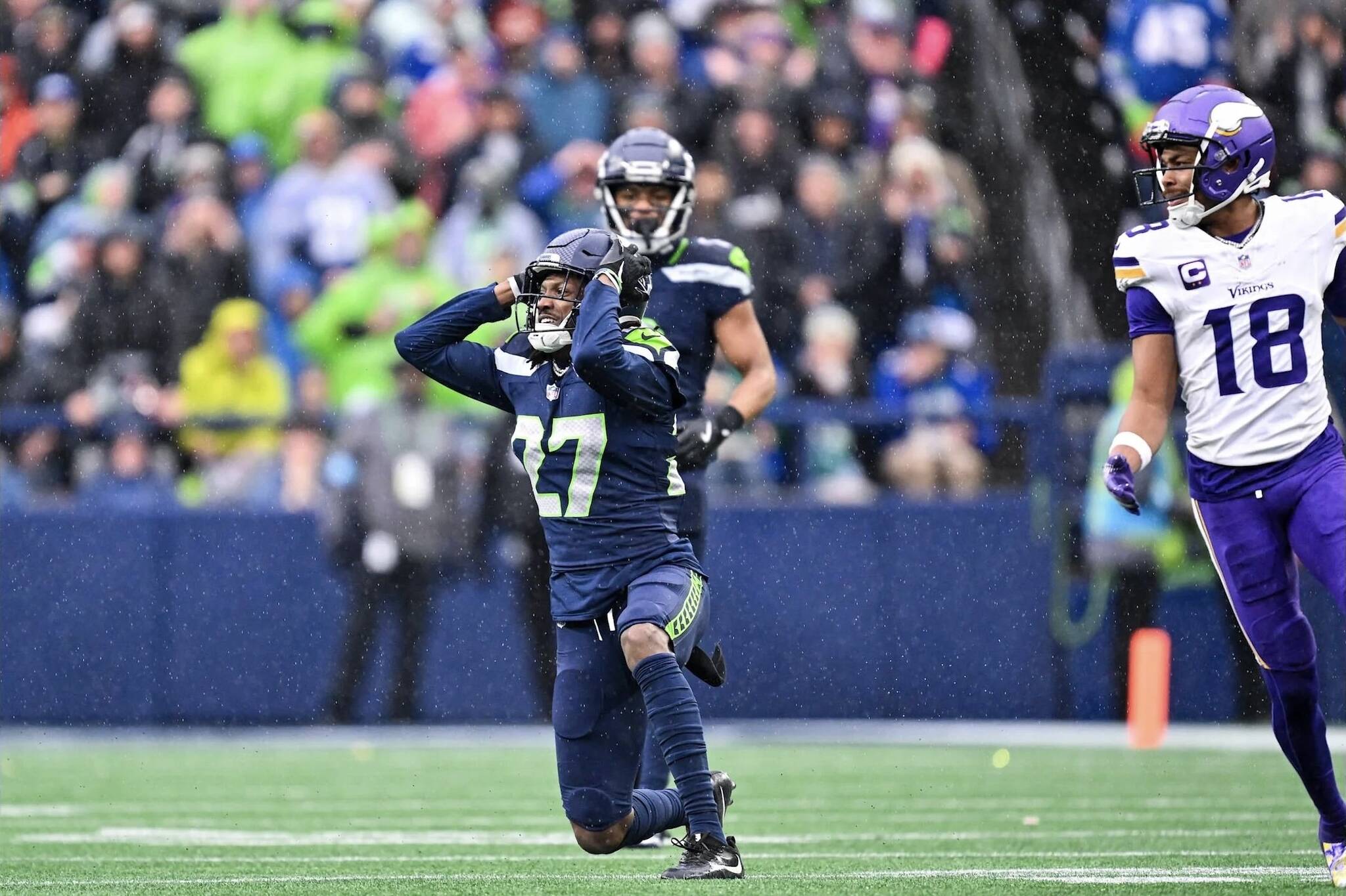 Seahawks cornerback Riq Woolen reacts after a play during a loss to the Minnesota Vikings at Lumen Field on Sunday, Dec. 22, 2024. (Photo courtesy of the Seattle Seahawks)