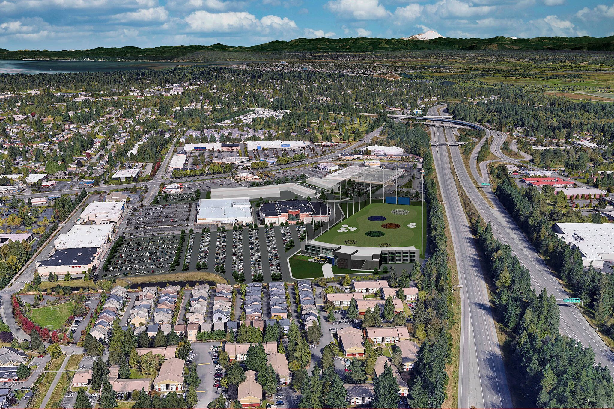 A rendering showing the new TopGolf location in Everett from a permit filed with the city.