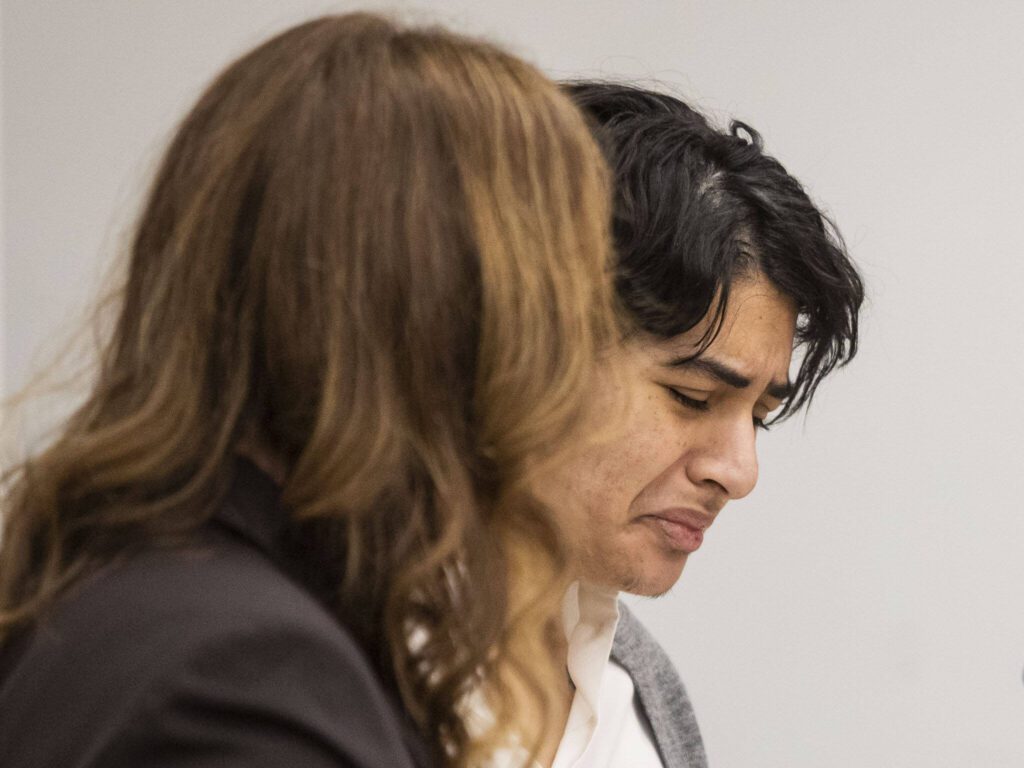 Janet Garcia becomes emotional during her arraignment at the Snohomish County Courthouse on April 22, 2024 in Everett, Washington. (Olivia Vanni / The Herald)
