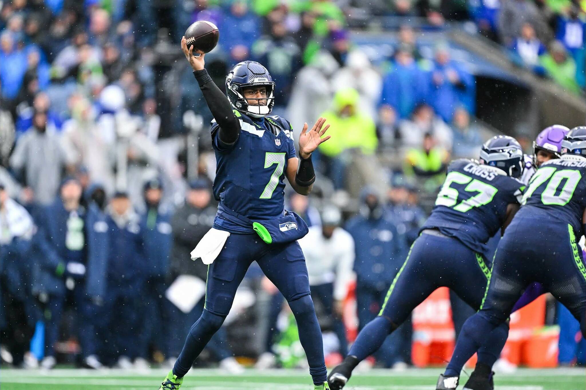 Photo courtesy of the Seattle Seahawks
Seahawks quarterback Geno Smith throws a pass against the Minnesota Vikings at Lumen Field on Dec. 22, 2024.