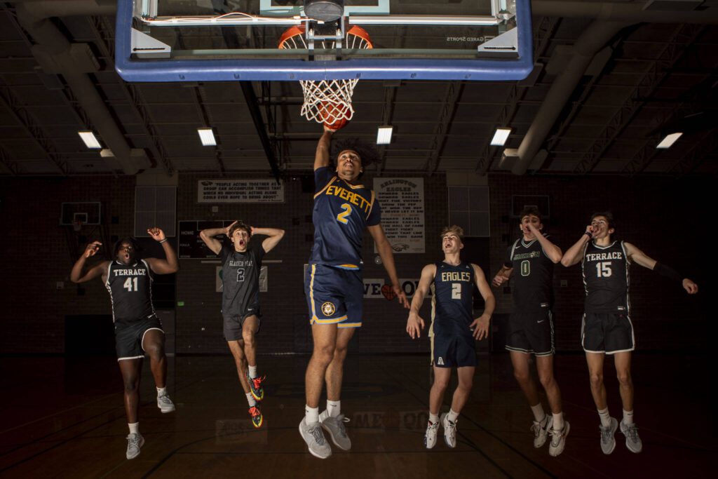 Left to right, Mountlake Terrace’s Zaveon Jones, Glacier Peak’s Jo Lee, Everett’s Isaiah White, Arlington’s Leyton Martin, Jackson’s Ryan McFerran, and Mountlake Terrace’s Jaxon Dubiel pose for a photo at Arlington High School on Sunday, March 24, 2024 in Arlington, Washington. (Annie Barker / The Herald)

