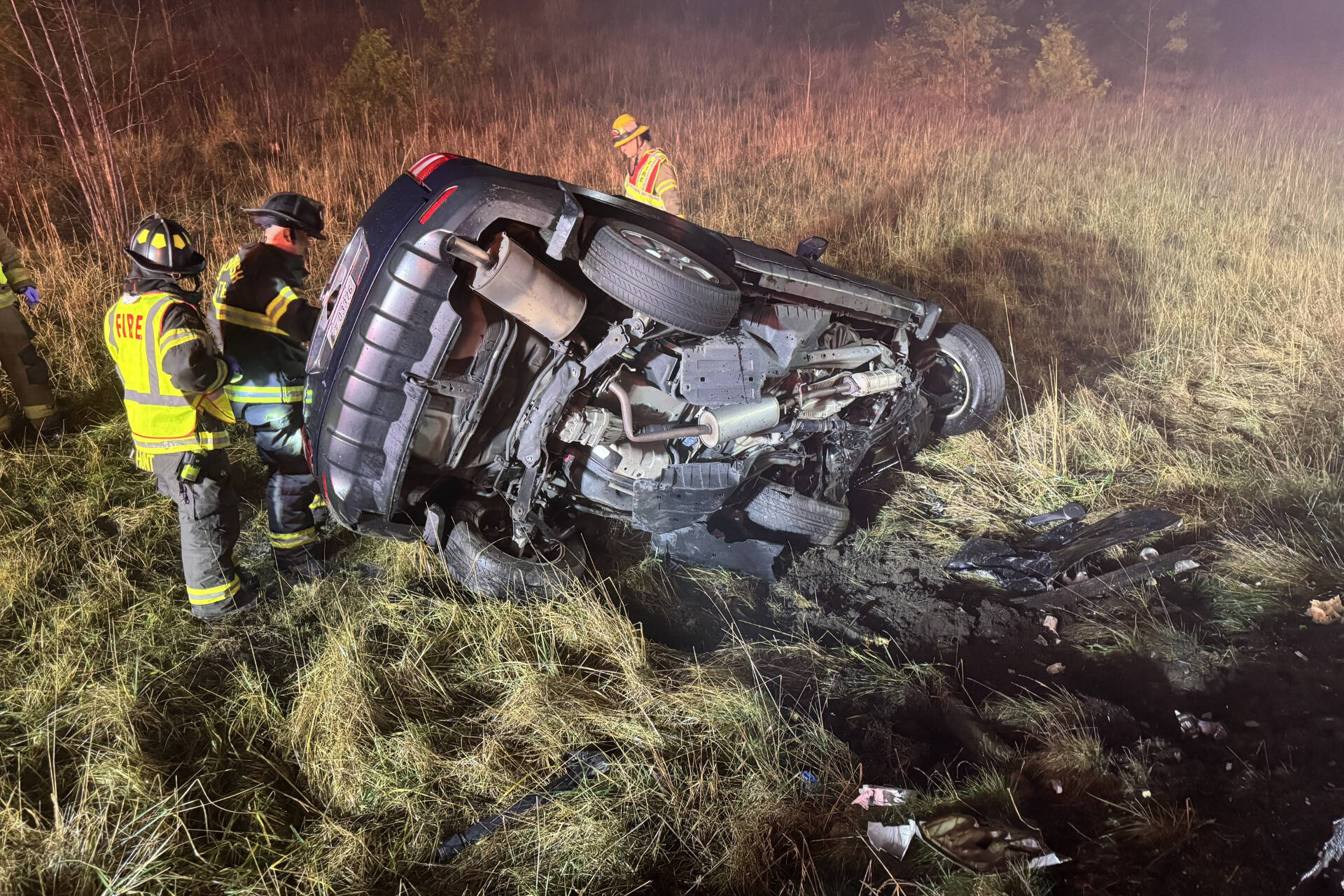 Firefighters on the scene of a fatal high-speed crash that killed two drivers Tuesday morning. (Provided photo)