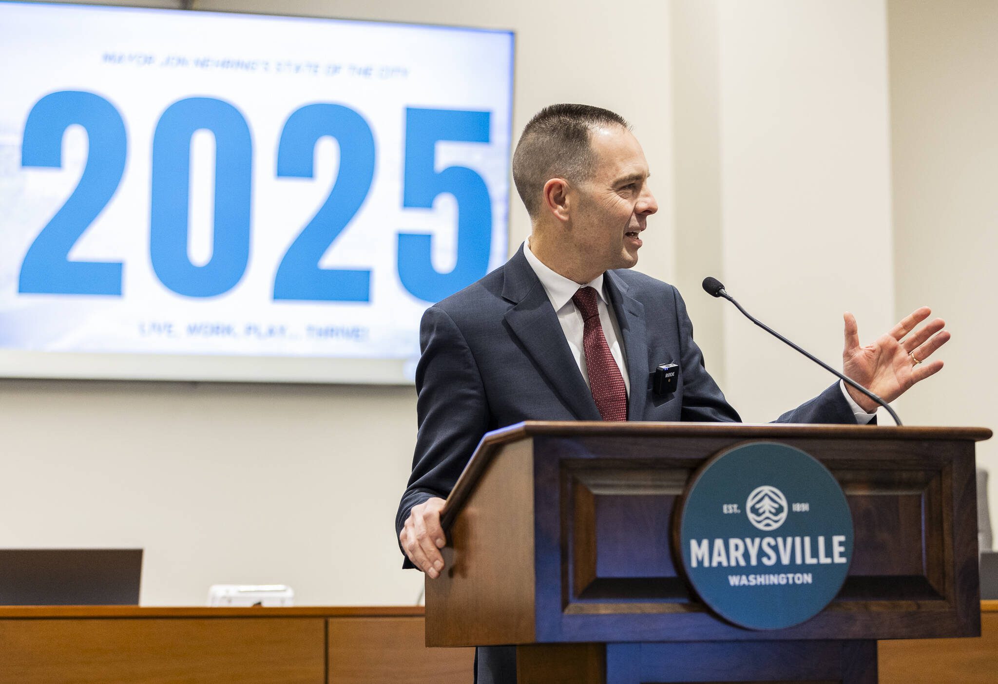 Marysville Mayor Jon Nehring talks during his State of the City Address on Tuesday, Jan. 28, 2025 in Marysville, Washington. (Olivia Vanni / The Herald)