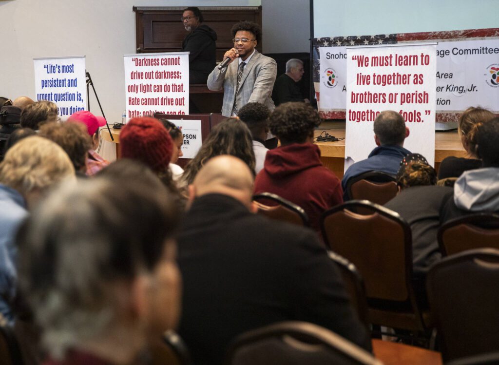 DeLon R. Lewis speaks at the Carl Gipson Center during the Greater Everett Rev. Dr. Martin Luther King Jr. Day Community Celebration on Monday, Jan. 20, 2025 in Everett, Washington. (Olivia Vanni / The Herald)
