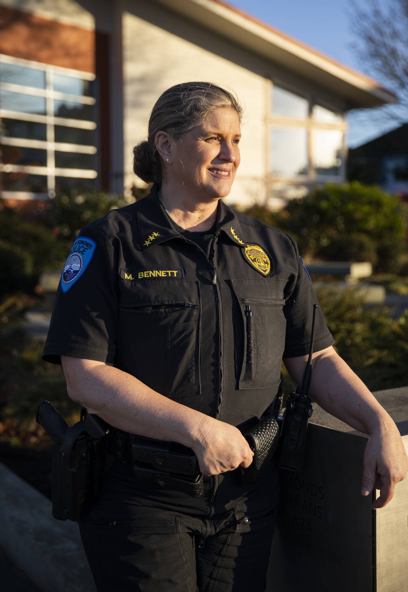 Edmonds Police Chief Michelle Bennett outside of the Police Department on Dec. 11 in Edmonds. (Olivia Vanni / The Herald)