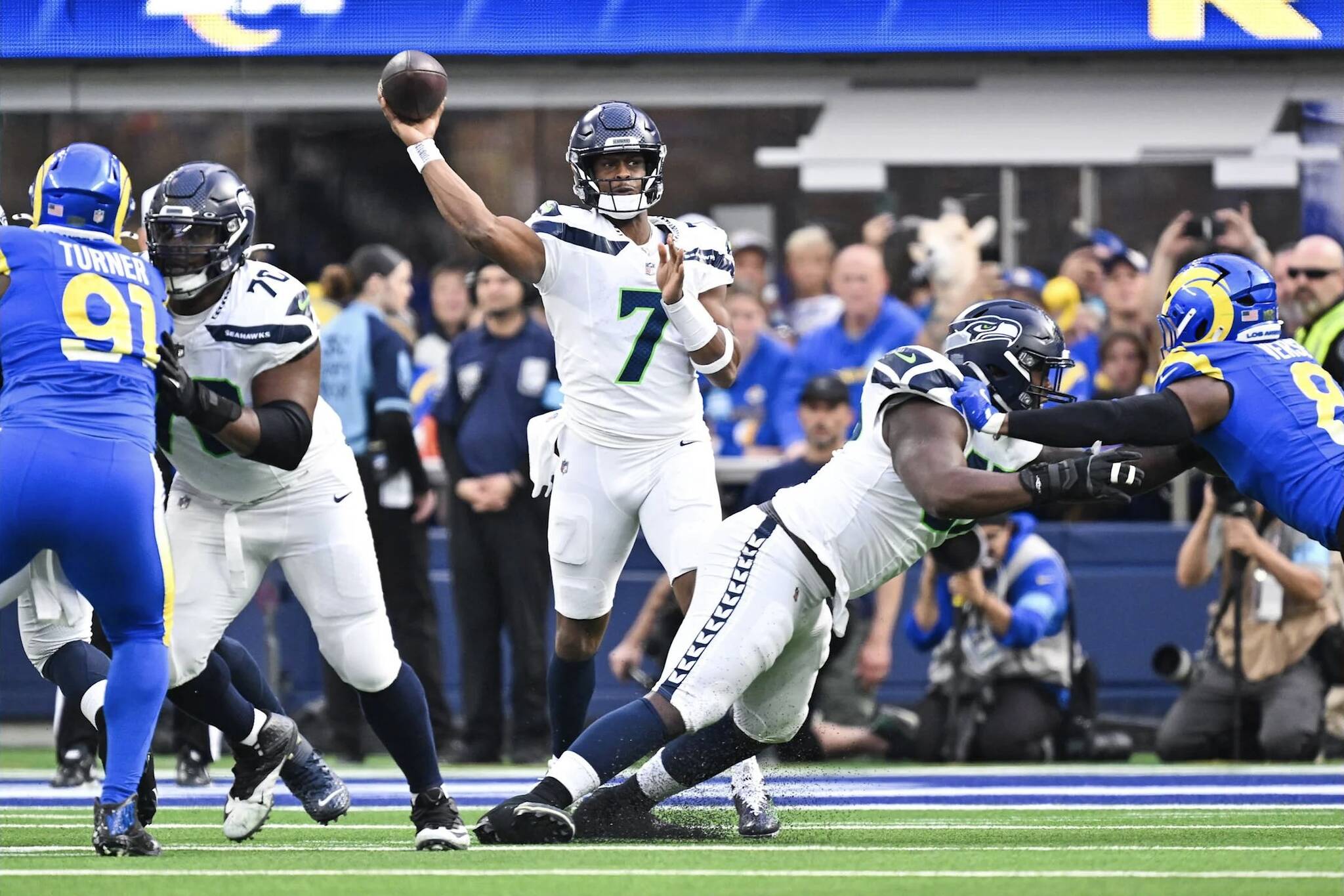 Seahawks quarterback Geno Smith throws a pass against the Los Angeles Rams at SoFi Stadium in Inglewood, California on Sunday, Jan. 5, 2025. (Photo courtesy of the Seattle Seahawks)