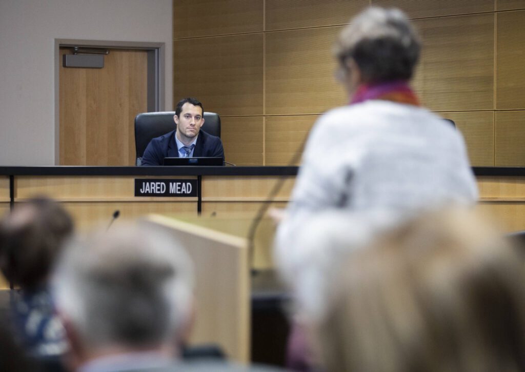 Snohomish County Council member Jared Mead listens to public comment on the proposed wetland ordinance amendments on Wednesday, Jan. 15, 2025 in Everett, Washington. (Olivia Vanni / The Herald)
