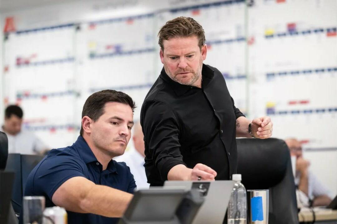 Seahawks president of football operations / general manager John Schneider and  head coach Mike Macdonald prepare during the Day 1 of the NFL Draft on April 25, 2024. (Photo courtesy of the Seattle Seahawks)