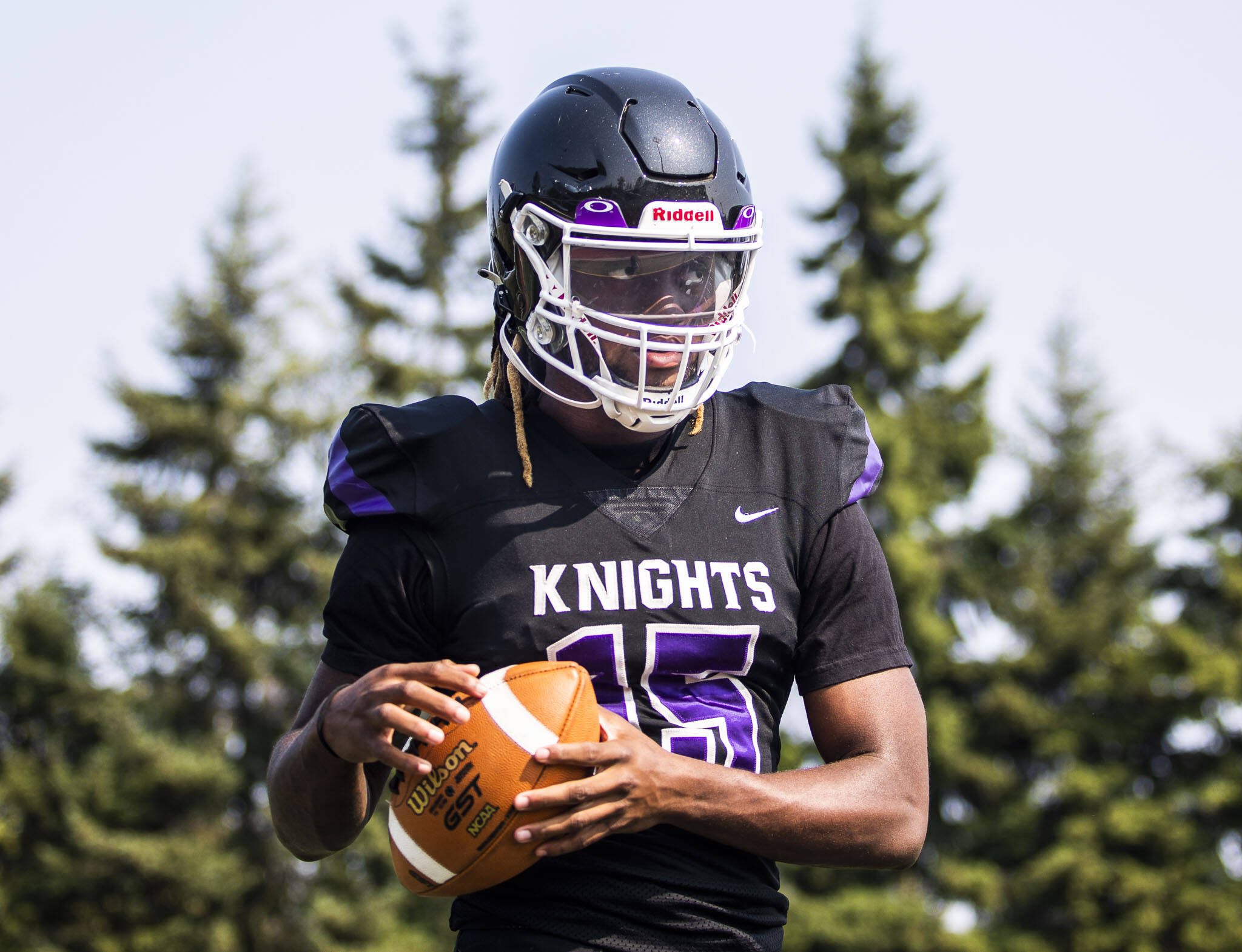 Kamiak’s T’Andre Waverly poses for a portrait during football practice on Thursday, Aug. 24, 2023 in Mukilteo, Washington. (Olivia Vanni / The Herald)