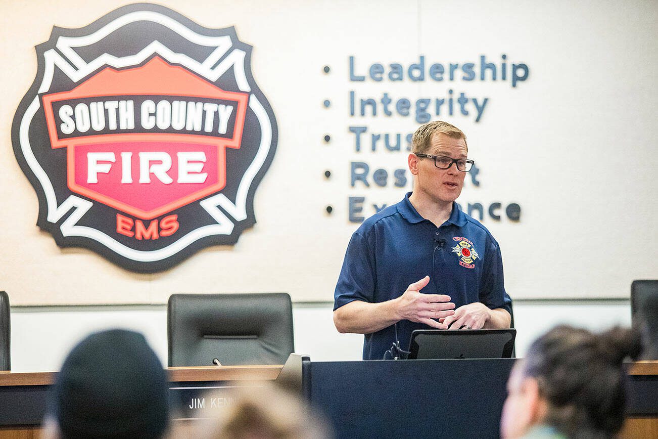 Alex McCracken, a paramedic with Kitsap Fire & Rescue, speaks about “clearing your filter” for behavioral health calls during South County Fire’s behavioral health training on Friday, Jan. 17, 2025 in Everett, Washington. (Olivia Vanni / The Herald)