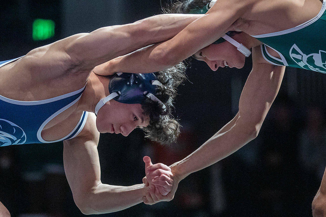 Edmonds-Woodway’s Aziret Bakytov and Meadowdale’s Lukah Washburn fight for hand positioning during the 126-pound match on Thursday, Jan. 16, 2025 in Edmonds, Washington. (Olivia Vanni / The Herald)