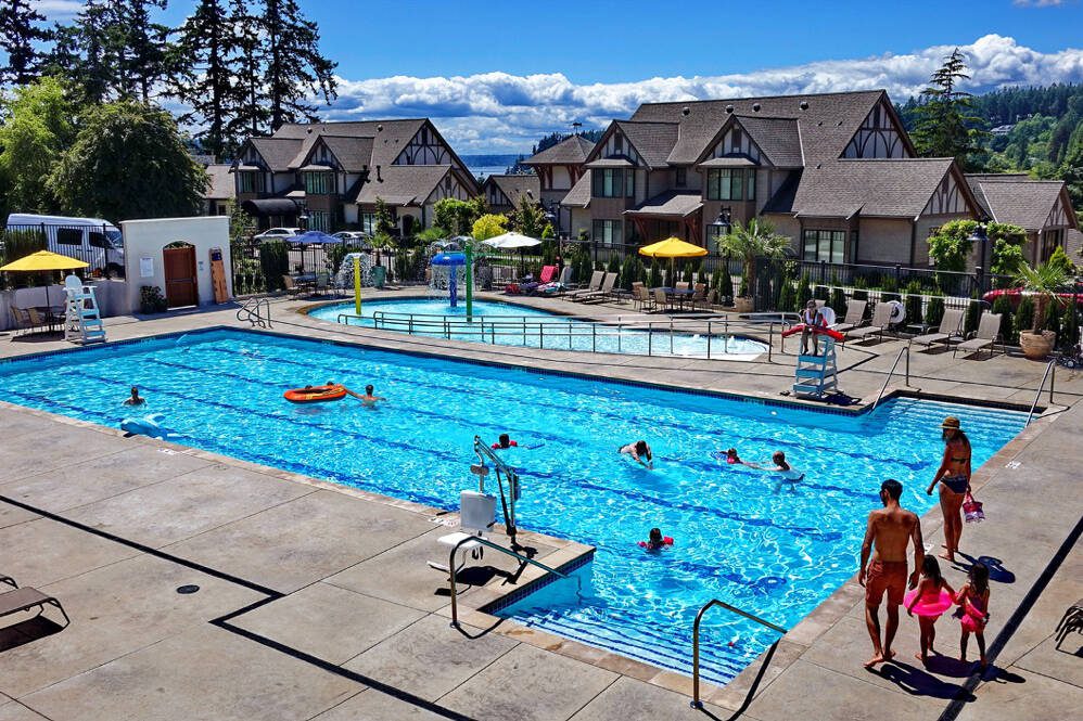 Guests can indulge in a range of amenities, including a seasonal outdoor pool. Photo courtesy of Pleasant Beach Village.