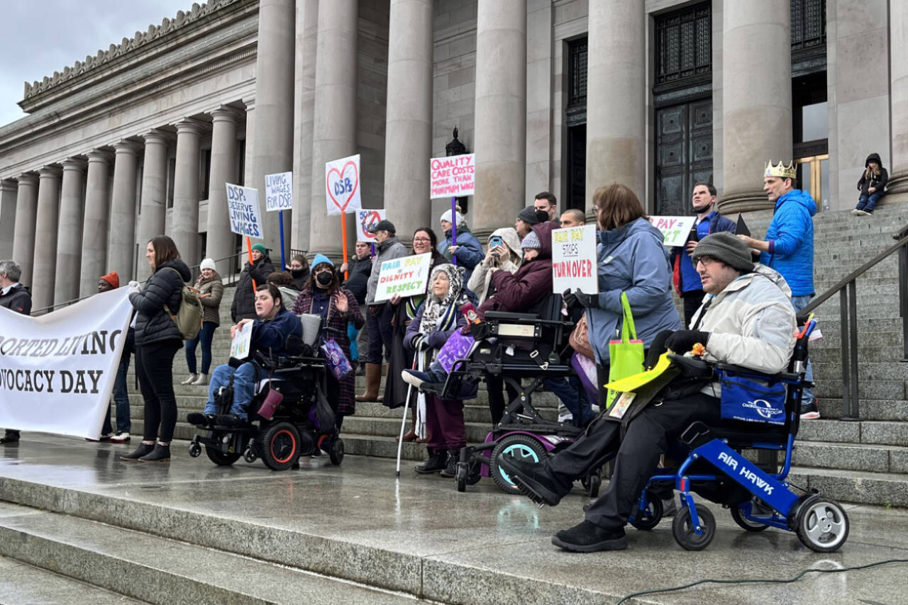 Advocates for people with intellectual and developmental disabilities rally at the state Capitol on Jan. 17, 2024. The group, as with this year, asked for rate increases for support staff and more funding for affordable housing. (Laurel Demkovich/Washington State Standard)