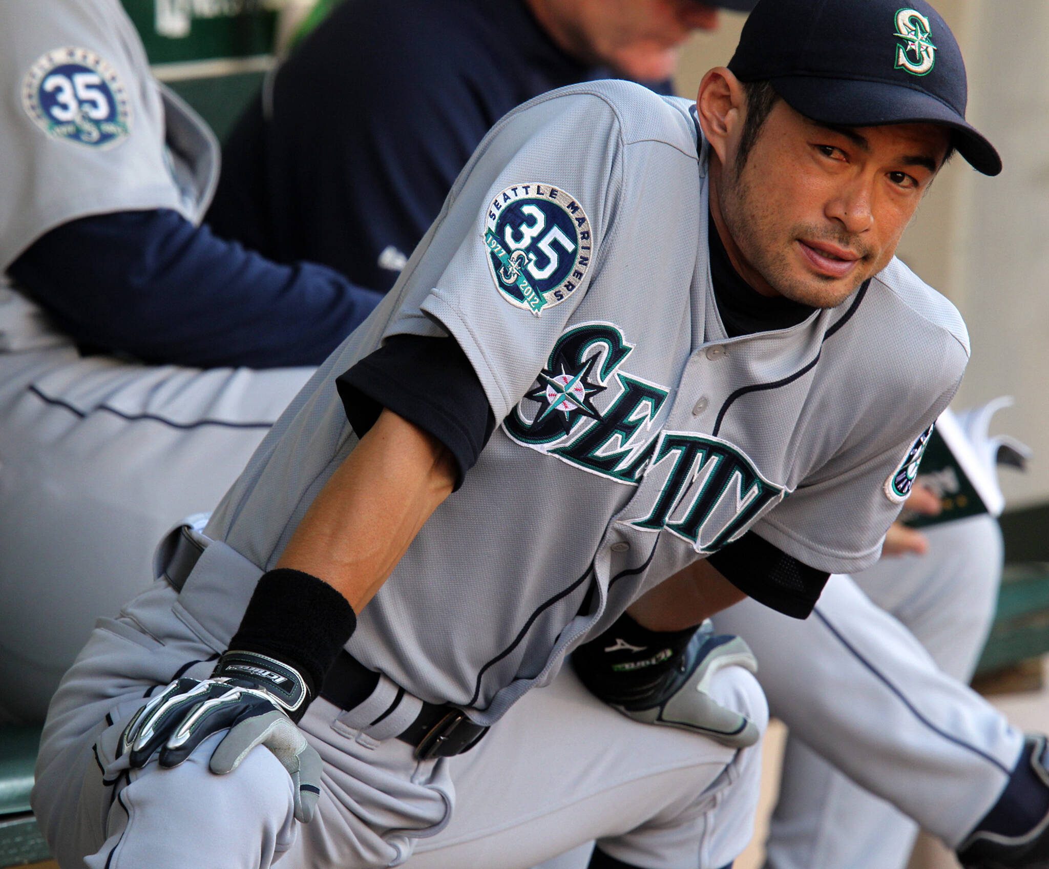 The Seattle Mariners' Ichiro Suzuki warms up in the dugout prior to action against the Oakland Athletics at O.co Coliseum in Oakland, California, Friday, July 6, 2012. (Anda Chu / Oakland Tribune / MCT Tribune News Services)