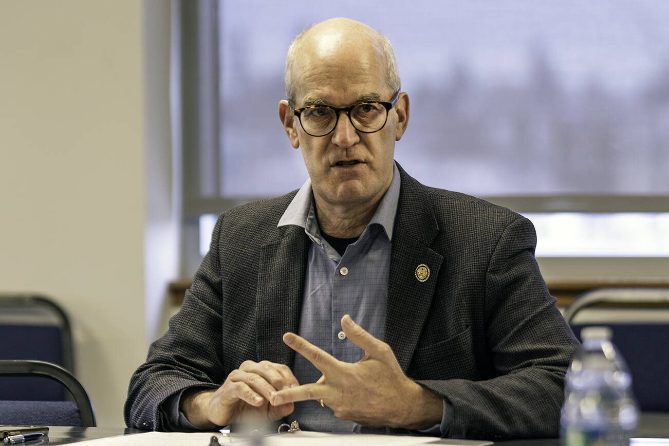 Rep. Rick Larsen, D-Everett, speaks during a roundtable discussion of how a federal funding freeze would affect Snohomish County on Thursday at Everett Station. (Aaron Kennedy / The Herald)
