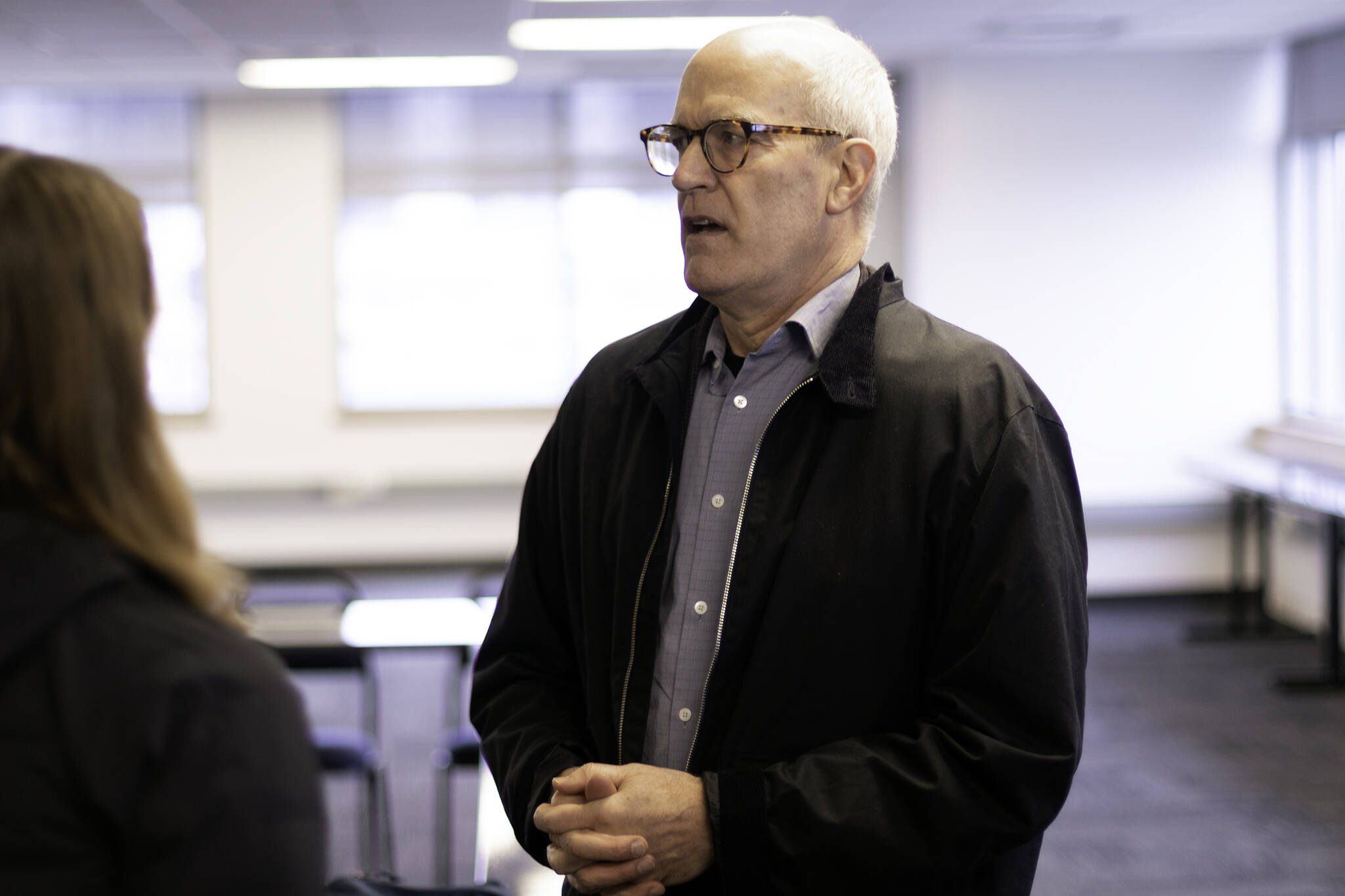 PHOTOS BY Aaron Kennedy / The Herald
Rep. Rick Larsen, D-Everett, answers questions from the media after the roundtable discussion Thursday at Everett Station.